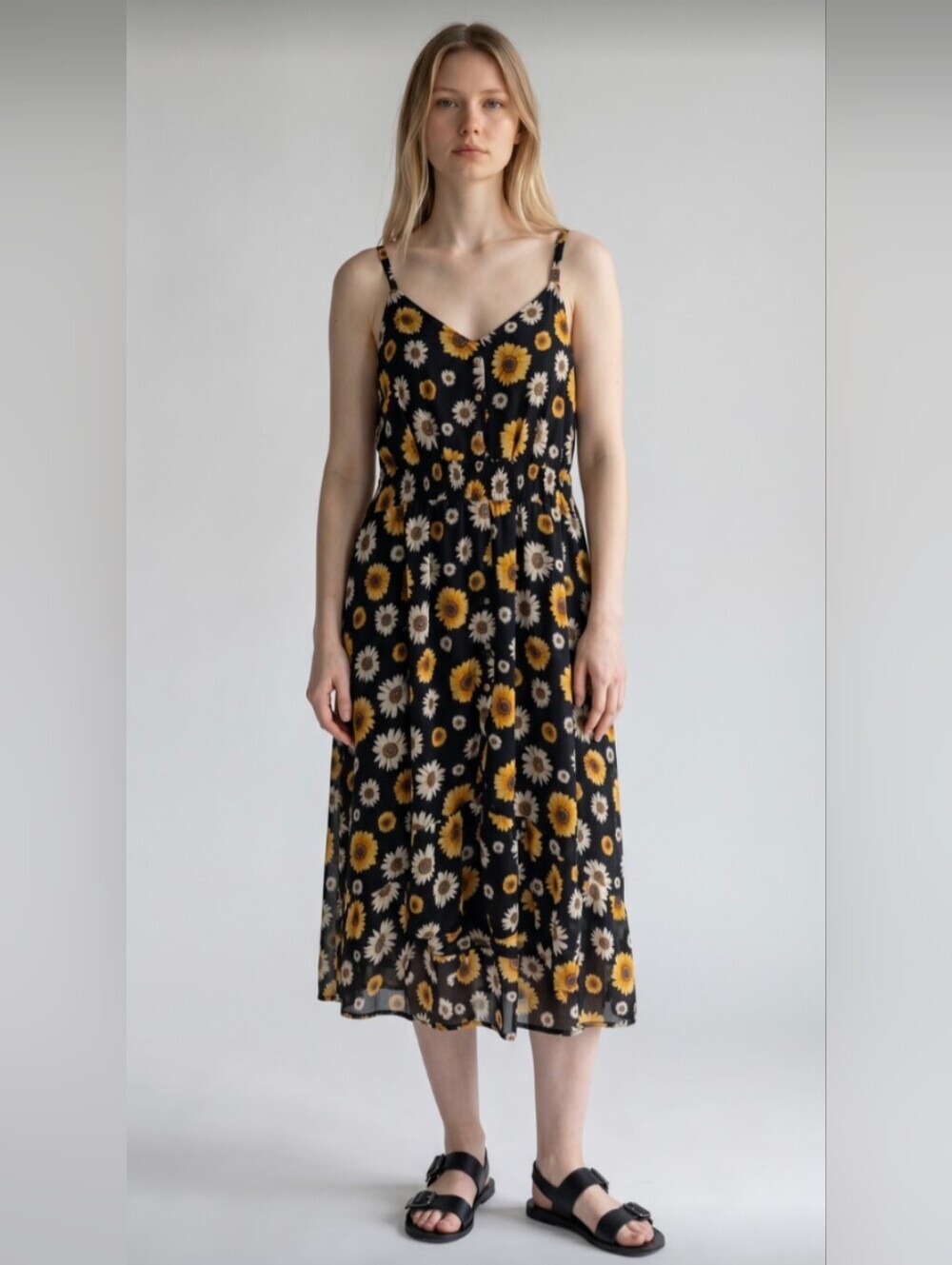 NWT! LIBERTY LOVE! BLACK, YELLOW, WHITE & BROWN FLORAL ELASTIC WAIST DRESS! 3XL